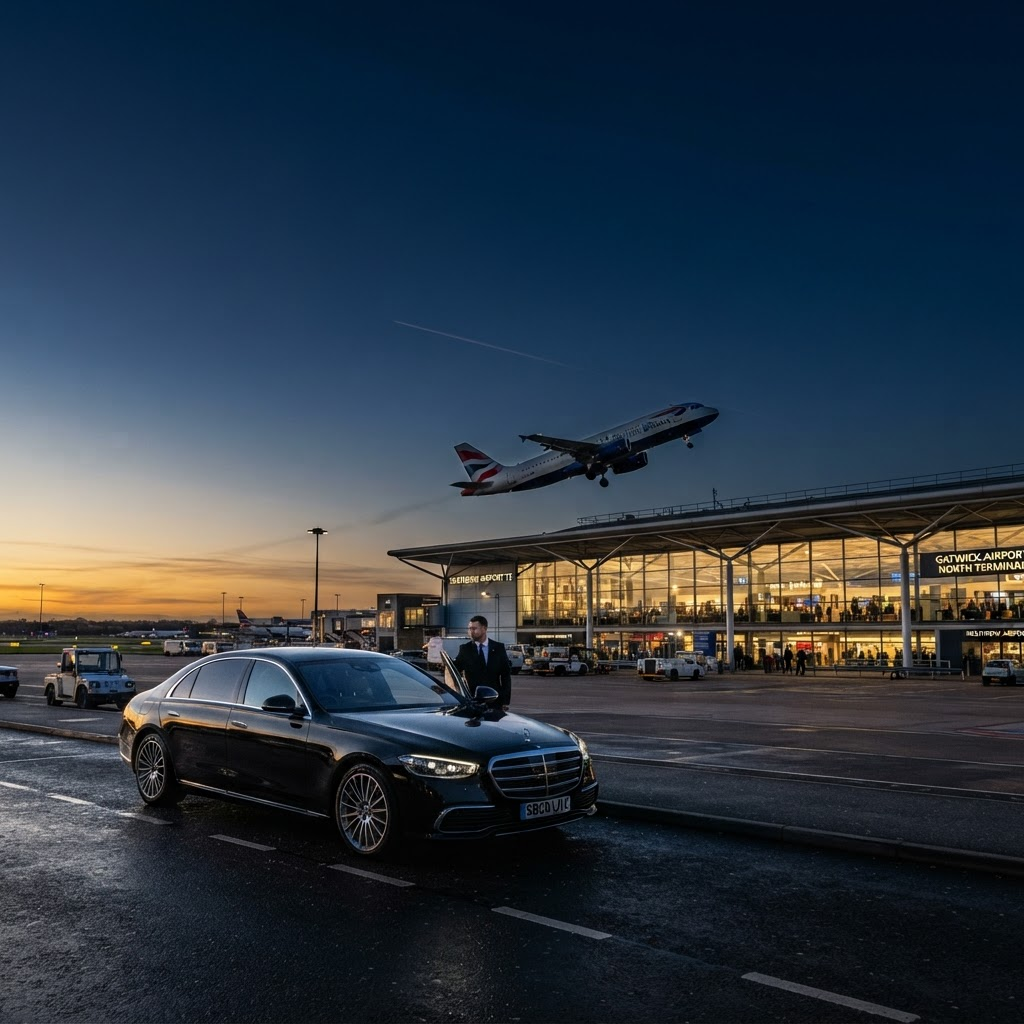 Luxury black executive saloon with chauffeur outside a UK airport terminal as an aircraft takes off at dusk