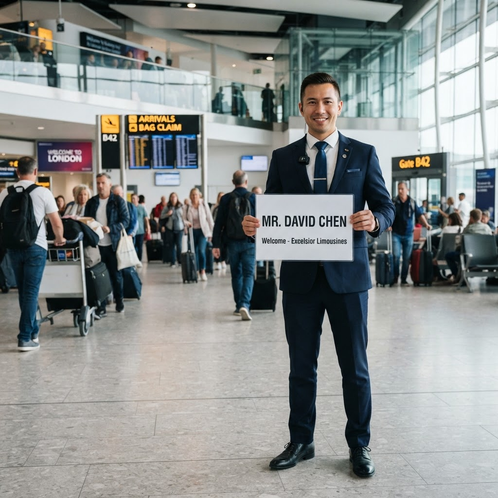 Professional chauffeur in a suit holding a meet and greet sign in an airport arrivals hall